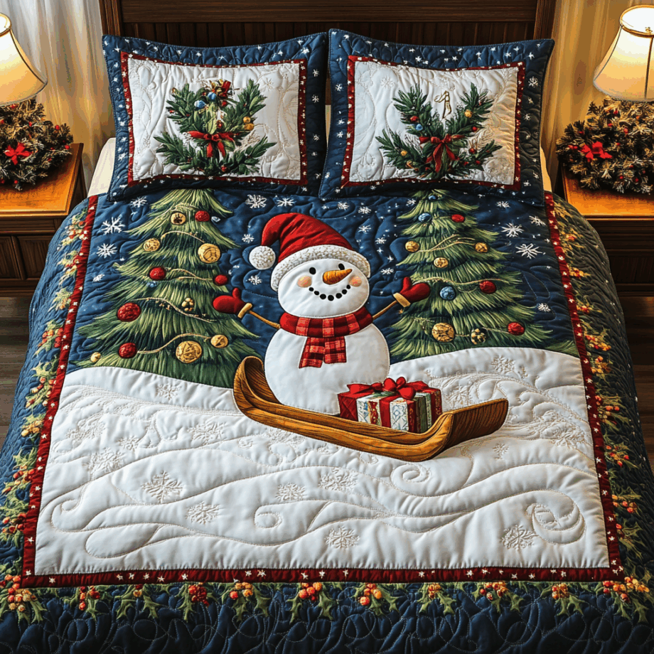 Yuletide Snowman 3-Piece Quilted Bedding Set Comforter Cover Bedding Set Soft Duvet Cover Set Cozy Bedding Set Comforter Sets