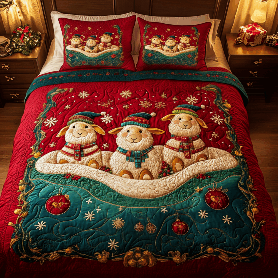 Yuletide Sheeps 3-Piece Quilted Bedding Set Comforter Cover Bedding Set Soft Duvet Cover Set Cozy Bedding Set Comforter Sets