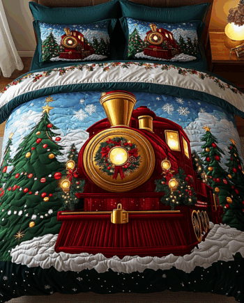 Yuletide Railway Magic 3-Piece Quilted Bedding Set Comforter Cover Bedding Set Soft Duvet Cover Set Cozy Bedding Set Comforter Sets