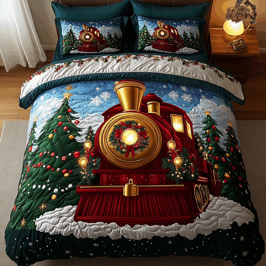 Yuletide Railway Magic 3-Piece Quilted Bedding Set Comforter Cover Bedding Set Soft Duvet Cover Set Cozy Bedding Set Comforter Sets